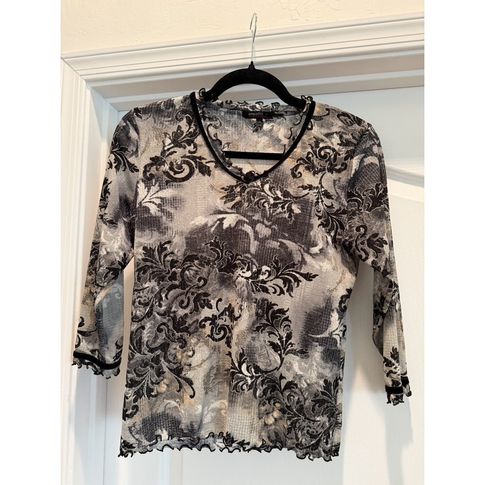 Y2K Mesh Top S Rosette Gothic Baroque Floral Sheer Lettuce Hem Fairy Grunge